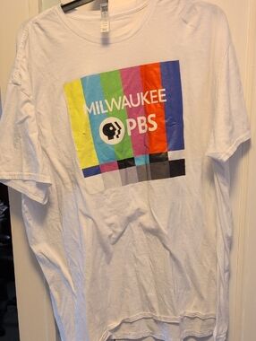 Milwaukee PBS Logo Tee in White with Rainbow Bars 4X